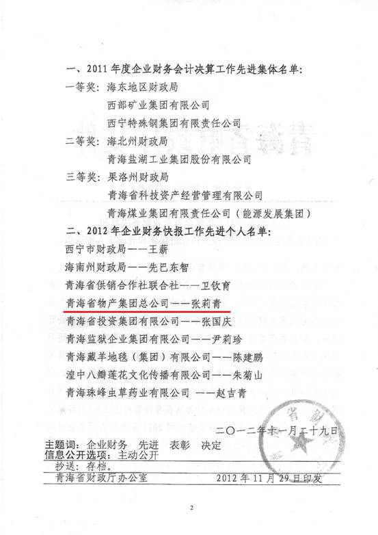物產(chǎn)集團(tuán)榮獲2011年度財(cái)務(wù)決算先進(jìn)單位、2012年度財(cái)務(wù)快報(bào)工作先進(jìn)個(gè)人表彰